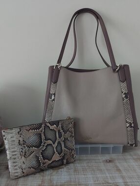 Kate Spade Jackson  mauve & taupe leather shoulder tote with snake-print pouch